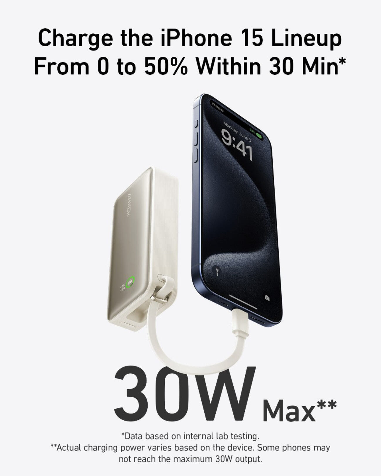 Anker Nano Power Bank / 10000mAh Capacity / Built-in Type-C Cable / 30W Power / White - Image 2