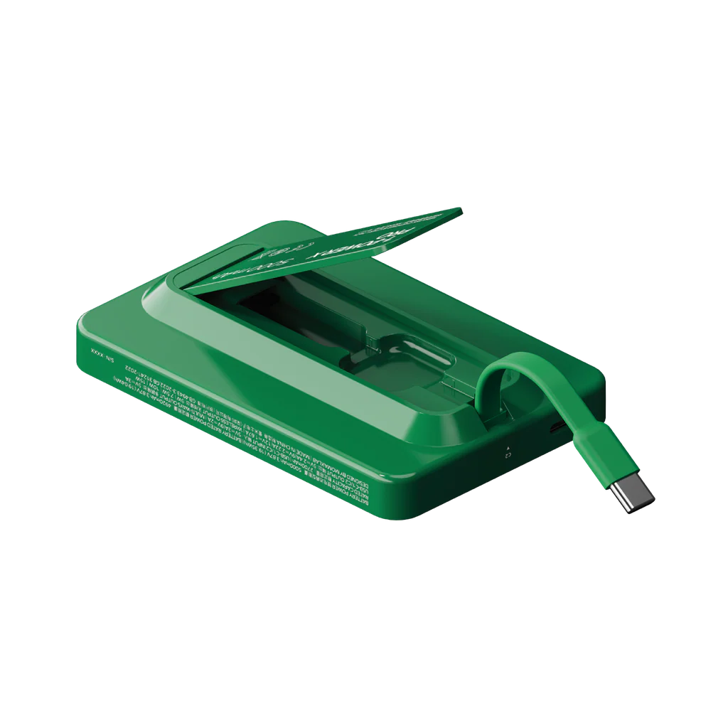 Momax 1-power X Pro 5000mAh Magnetic Wireless Power Bank With Stand - And Built-in USB-C Cable - Green - Image 2