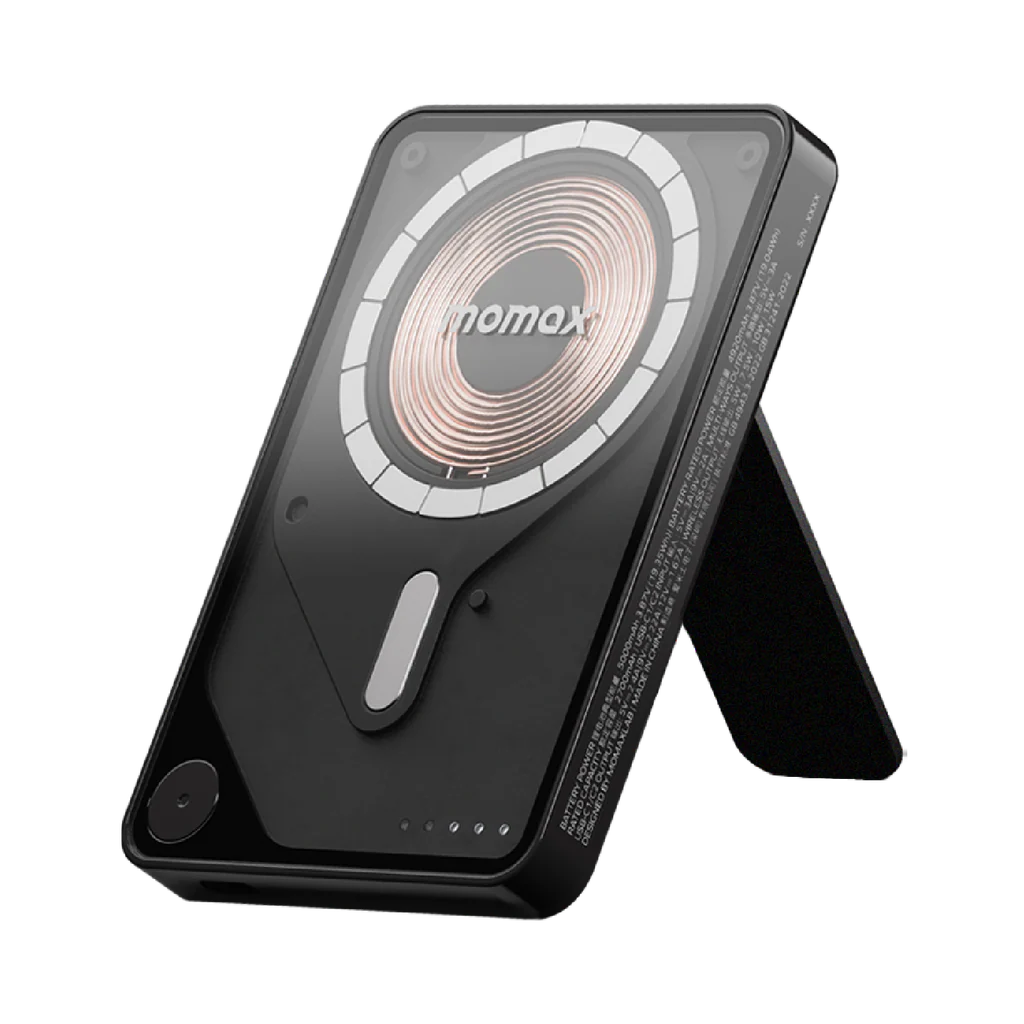 Momax 1-power X Pro 5000mAh Magnetic Wireless Power Bank With Stand - And Built-in USB-C Cable - Black