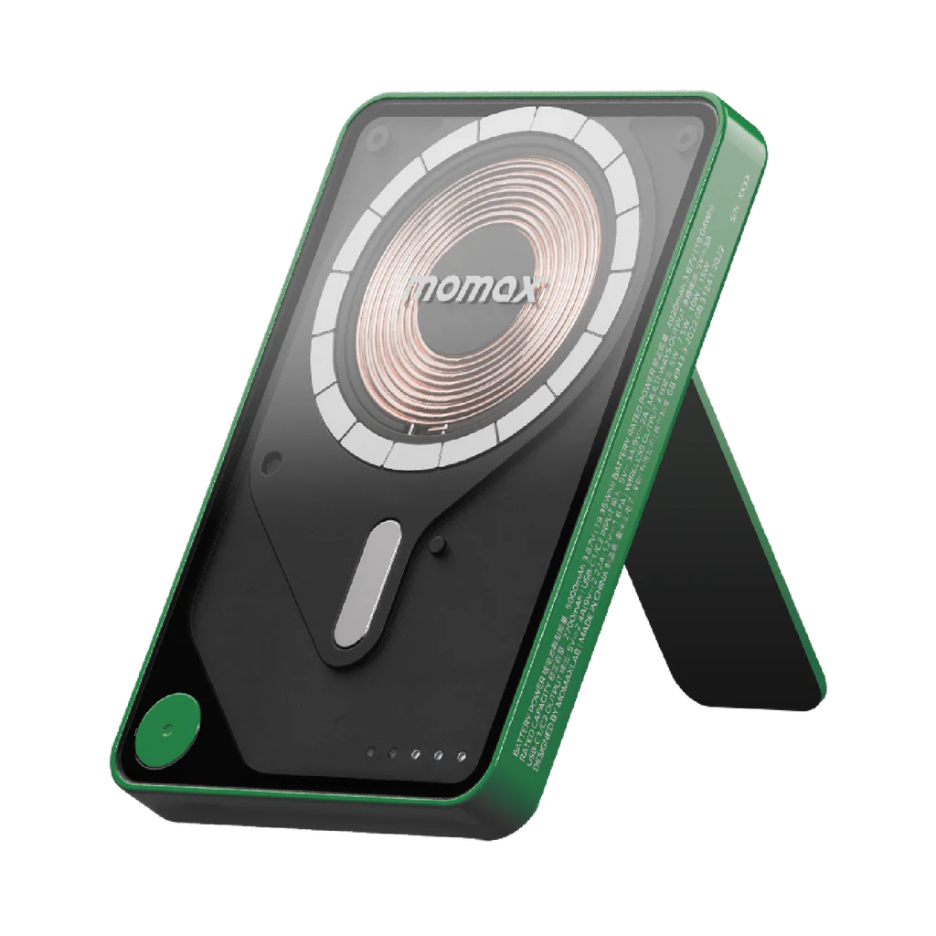 Momax 1-power X Pro 5000mAh Magnetic Wireless Power Bank With Stand - And Built-in USB-C Cable - Green