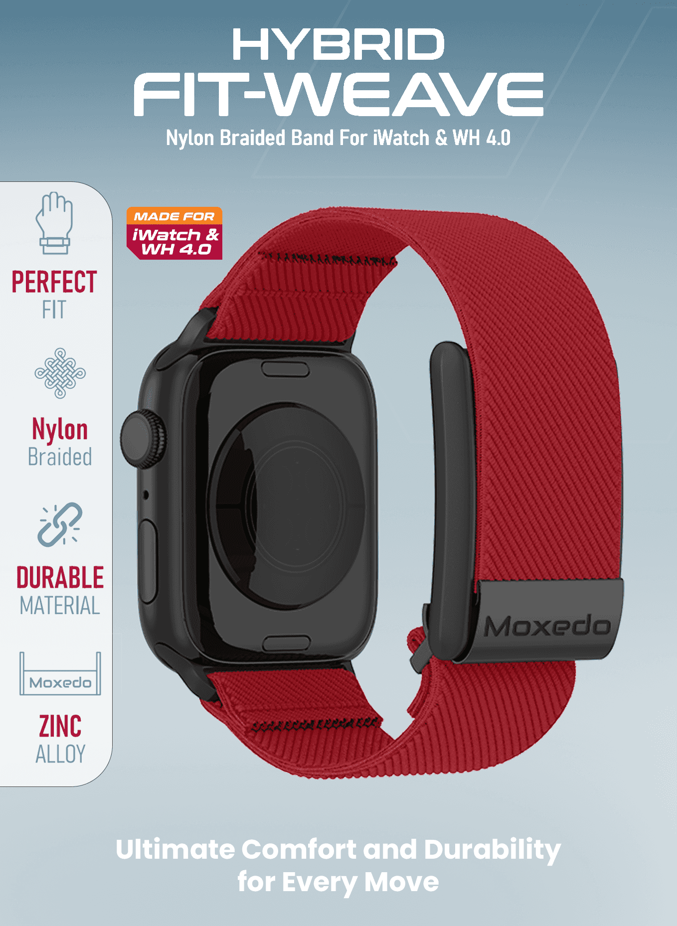 Moxedo Hybrid fit-weave Nylon Braided Band - Red - Image 4