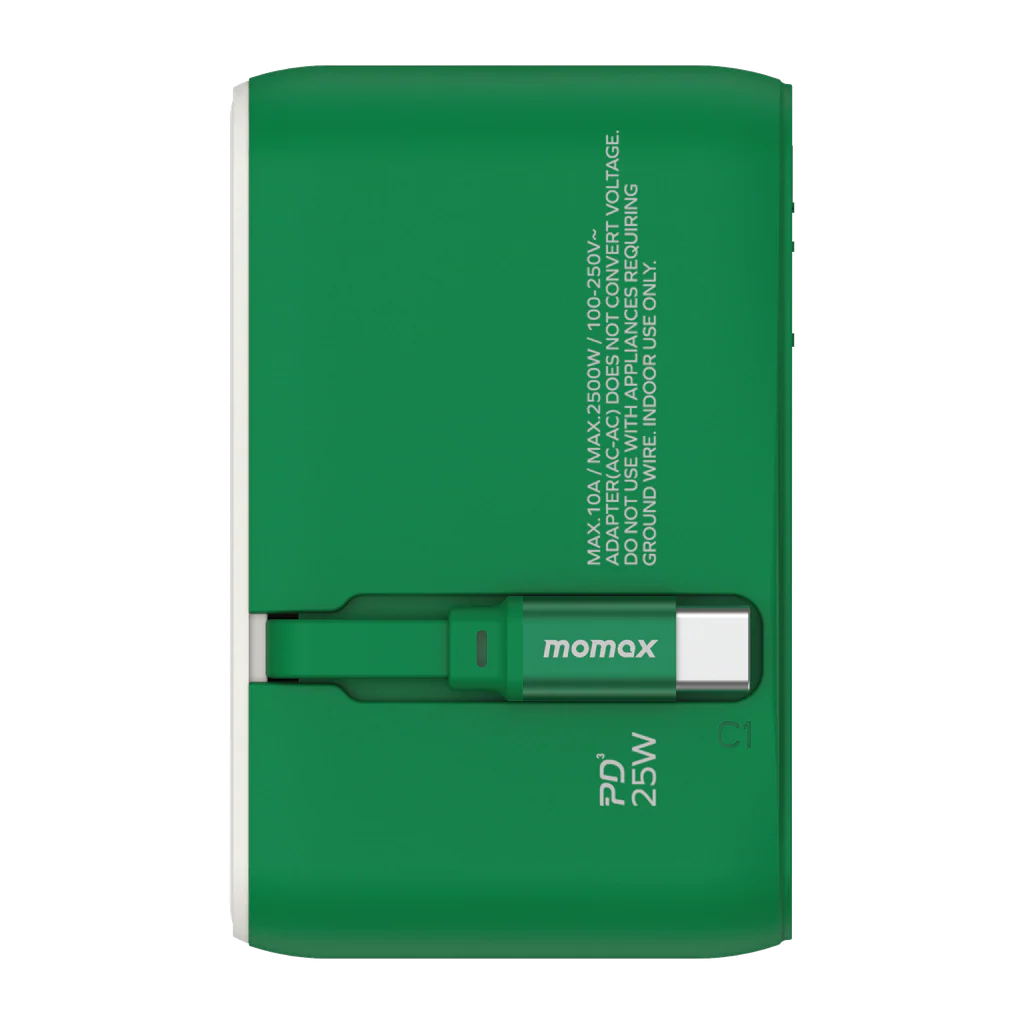 Momax 1-world 25w 3 Port With Built-in USB-C Cable Ac Travel Adaptor - Green - Image 4