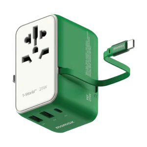 Momax 1-world 25w 3 Port With Built-in USB-C Cable Ac Travel Adaptor – Green