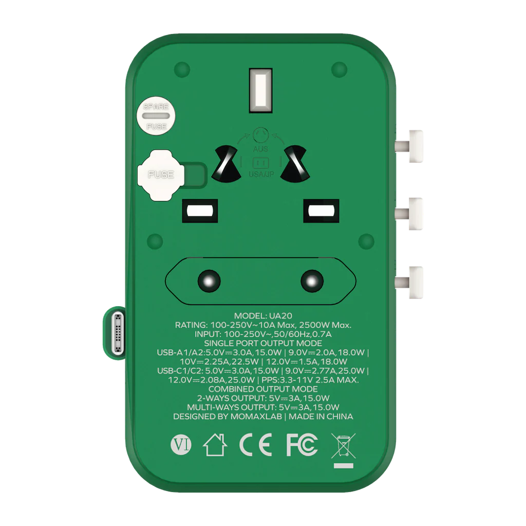 Momax 1-world 25w 3 Port With Built-in USB-C Cable Ac Travel Adaptor - Green - Image 5