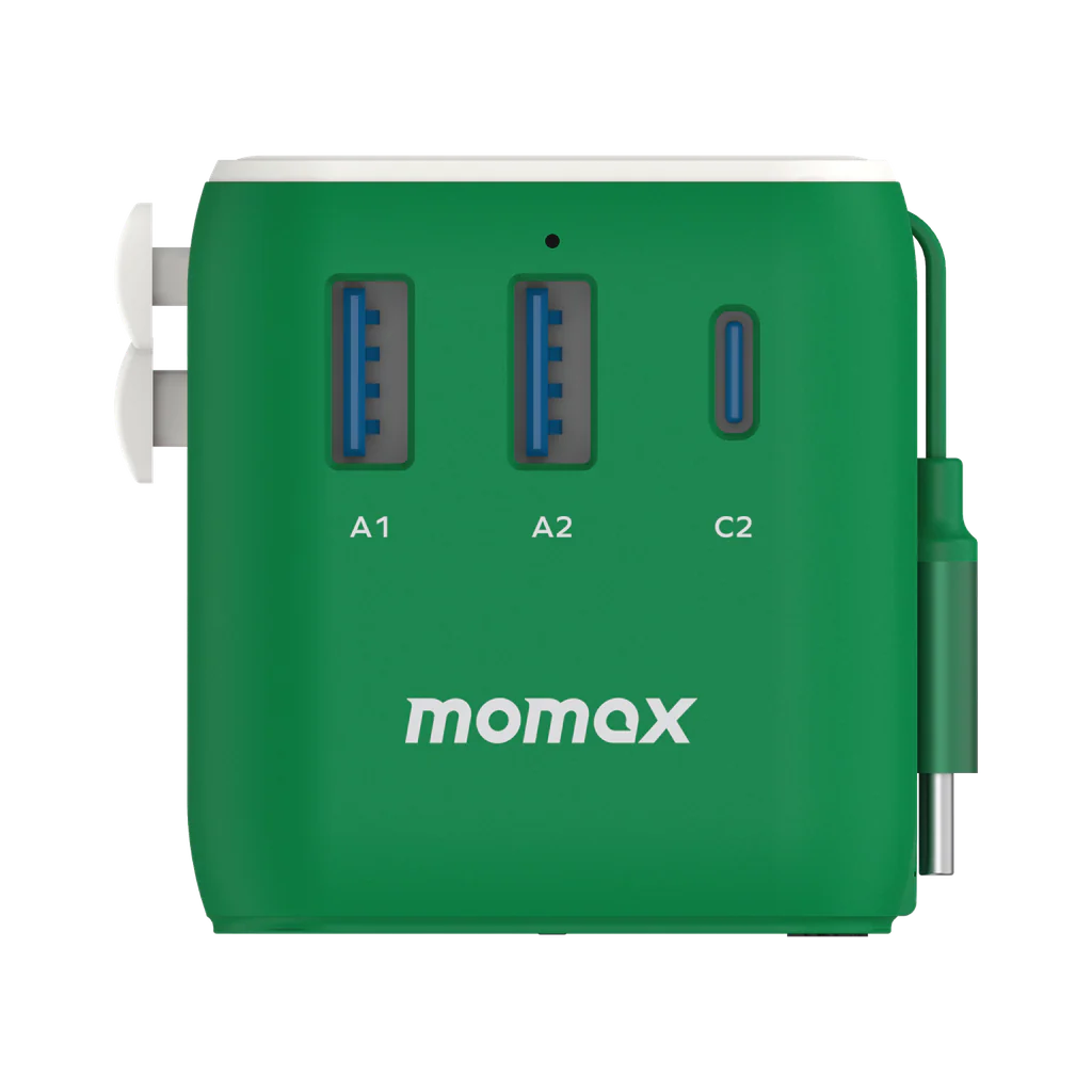 Momax 1-world 25w 3 Port With Built-in USB-C Cable Ac Travel Adaptor - Green - Image 6