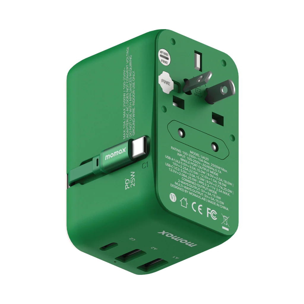 Momax 1-world 25w 3 Port With Built-in USB-C Cable Ac Travel Adaptor - Green - Image 7