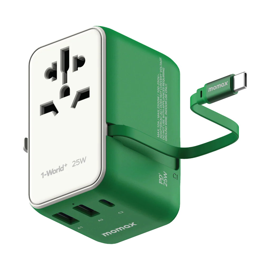 Momax 1-world 25w 3 Port With Built-in USB-C Cable Ac Travel Adaptor - Green