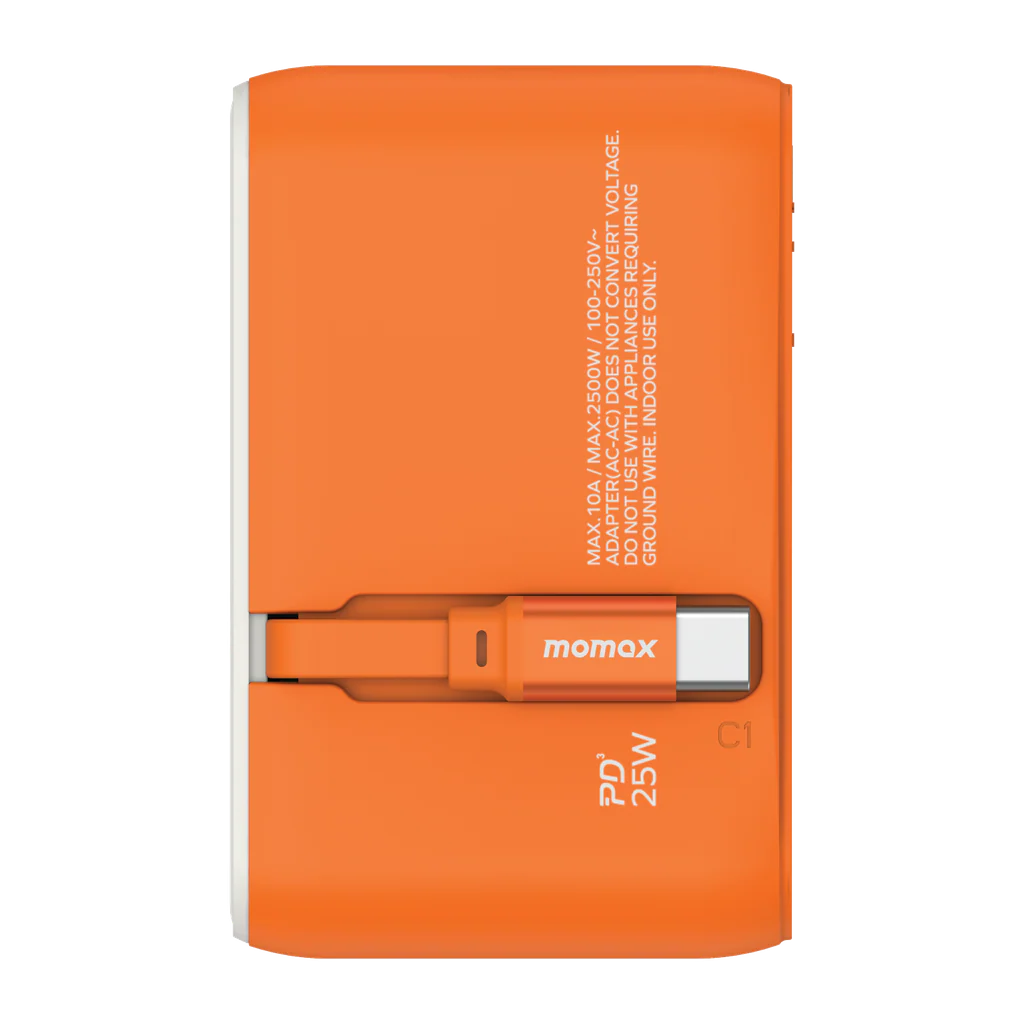 Momax 1-world 25w 3 Port With Built-in USB-C Cable Ac Travel Adaptor - Orange - Image 4