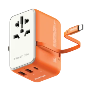 Momax 1-world 25w 3 Port With Built-in USB-C Cable Ac Travel Adaptor – Orange