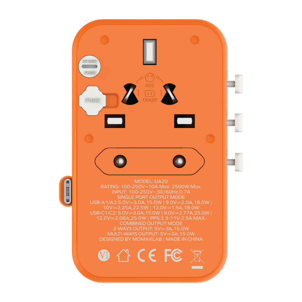 Momax 1-world 25w 3 Port With Built-in USB-C Cable Ac Travel Adaptor - Orange - Image 5