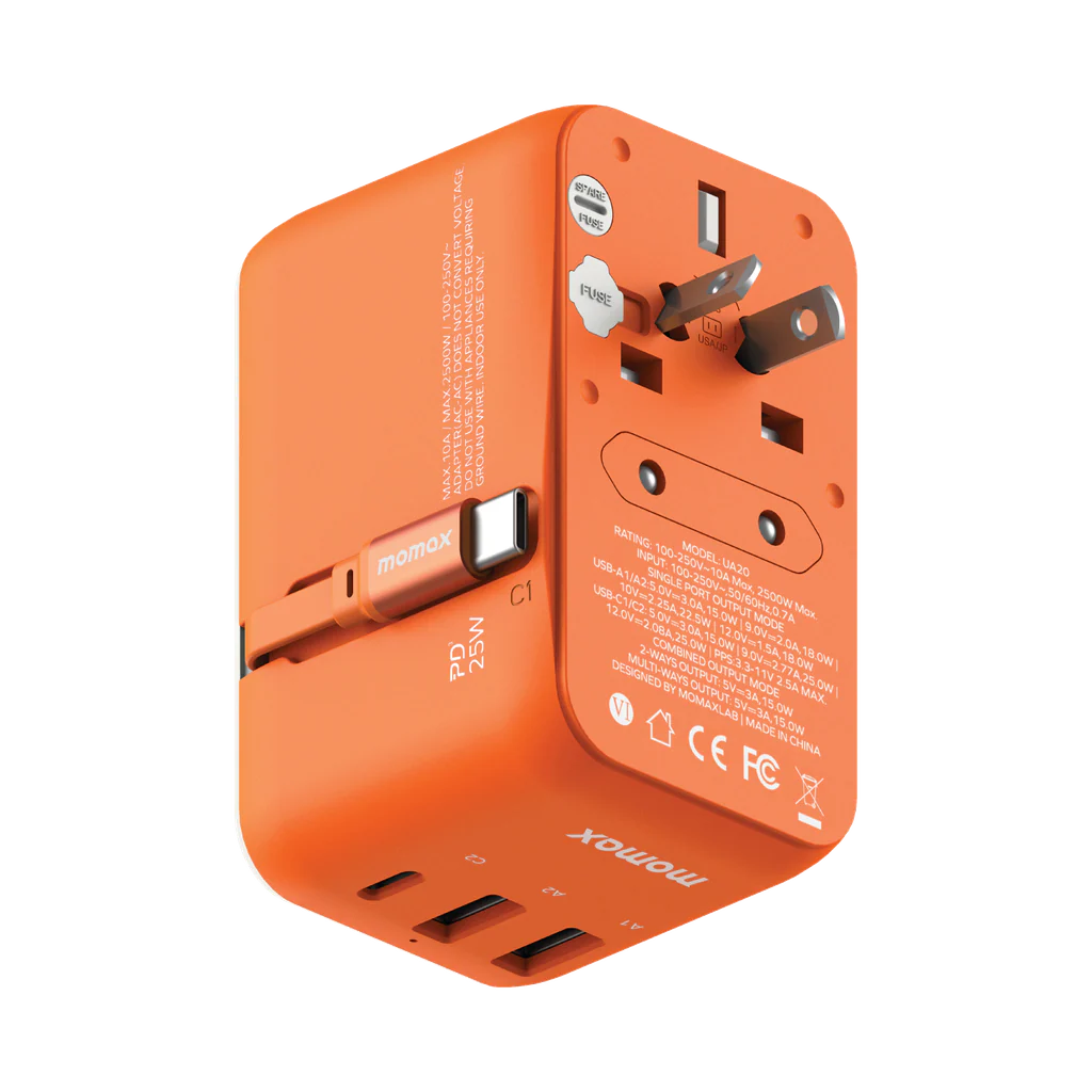 Momax 1-world 25w 3 Port With Built-in USB-C Cable Ac Travel Adaptor - Orange - Image 7
