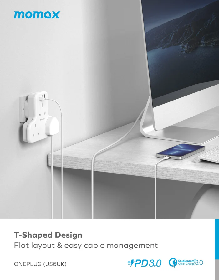 Momax Oneplug 3 Outlet T-shaped Extension Socket With USB - Image 2